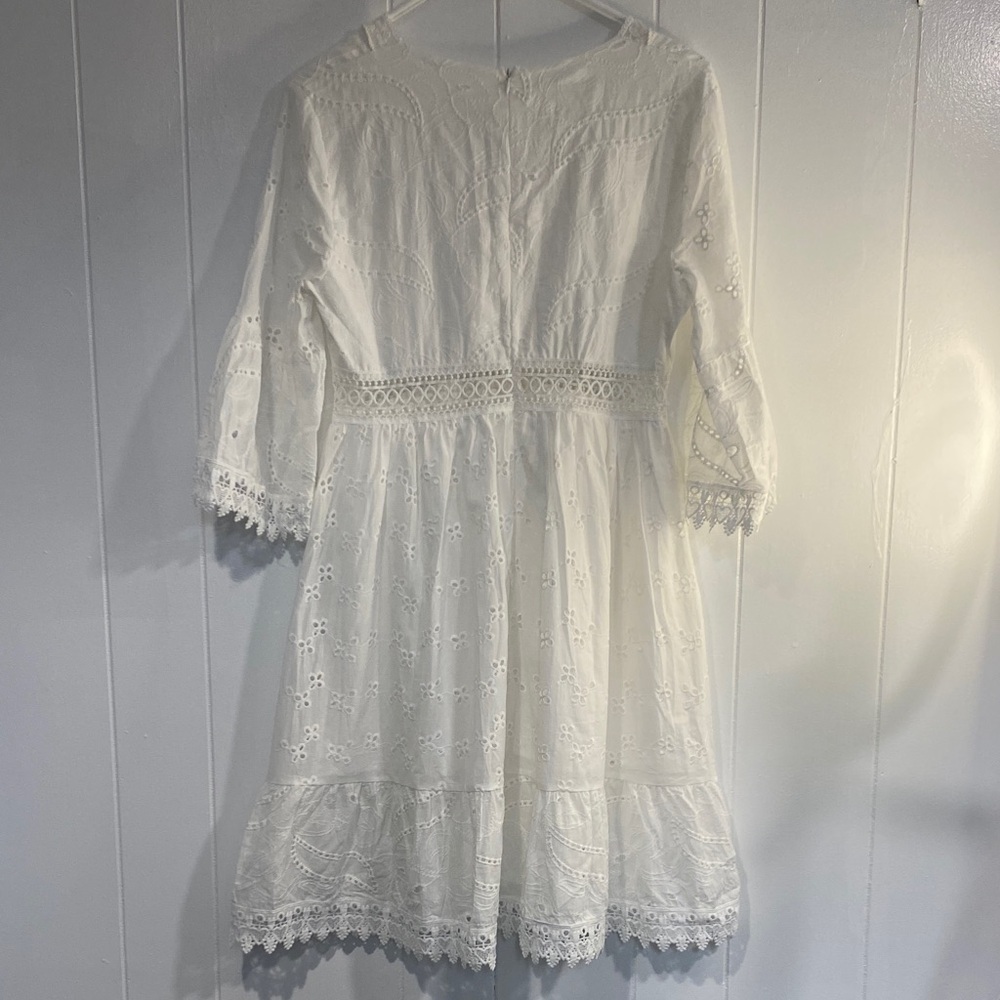 Fit and Flare Romantic White Dress Eyelet Heart Lace Bell Sleeve Boho Resort XS - Picture 9 of 12